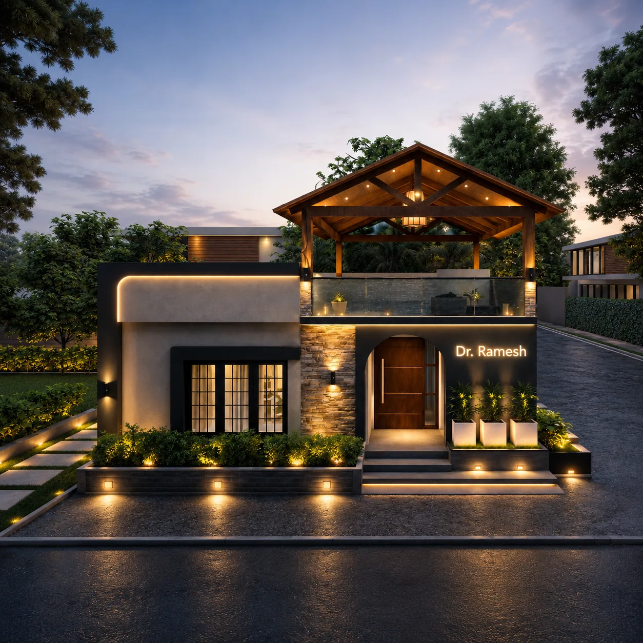 Completed contemporary Dwara residence at dusk