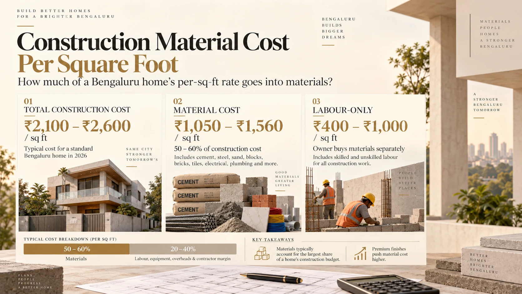Construction material cost per square foot in Bengaluru compared with total construction and labour-only rates