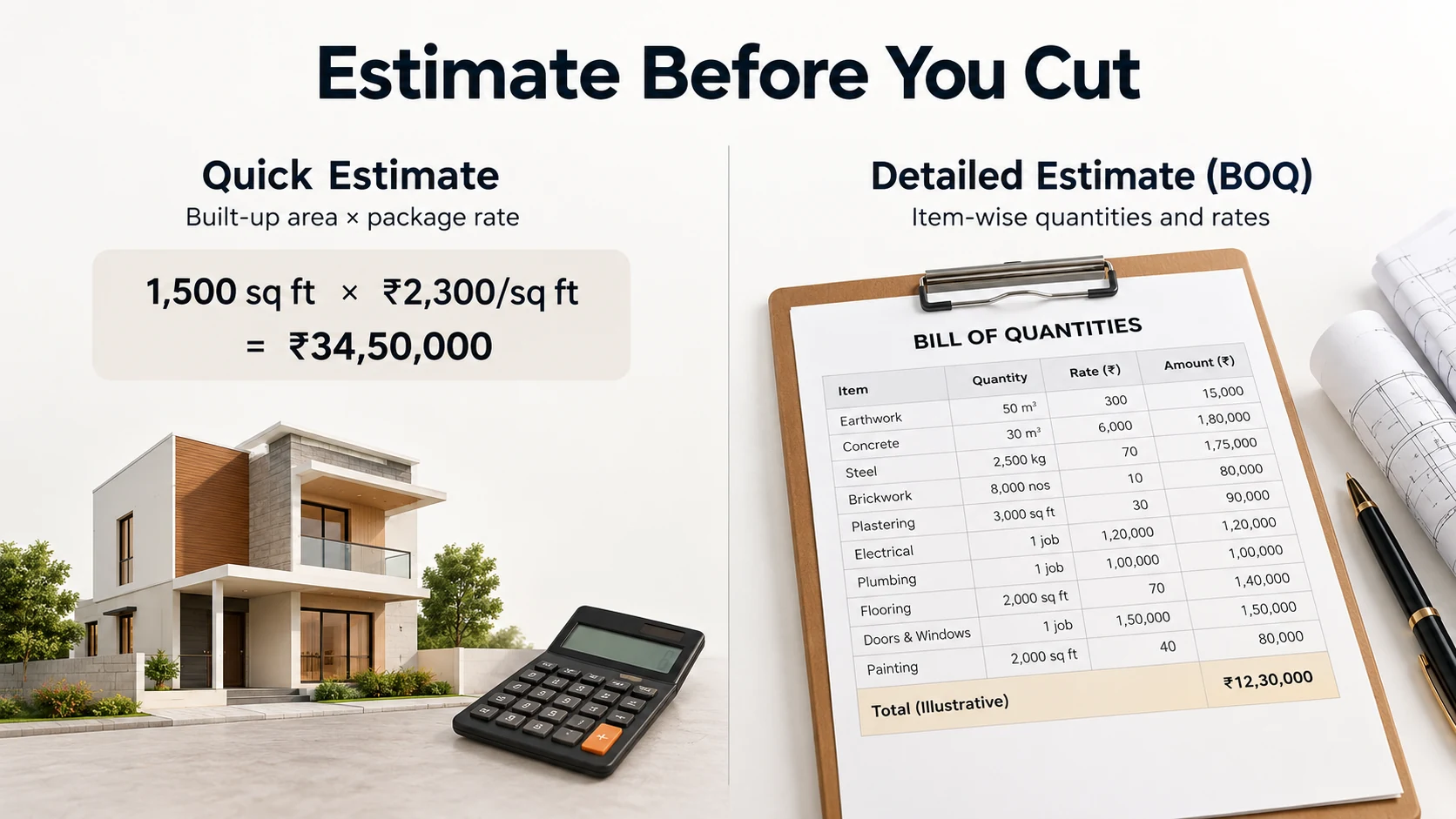 Quick house construction cost estimate compared with a detailed BOQ estimate